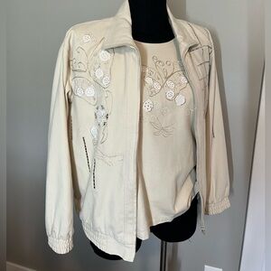 Drapers & Damon M Beige Cream Silk Outfit 3 Piece Set Pants Jacket Perforated